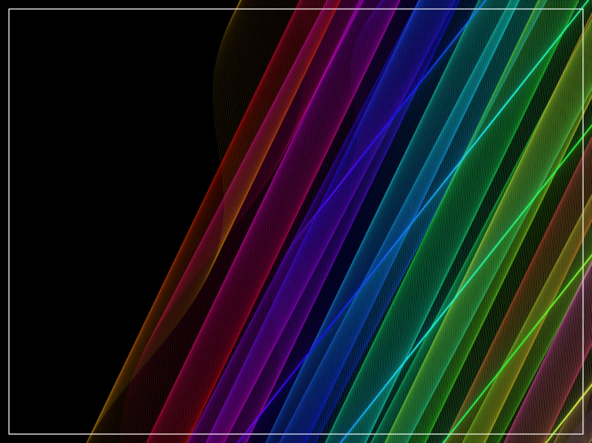 A Radio Wave rendered as diagonal woven sine-bands sweeping through the full visible spectrum, red through orange, green, blue, and violet, framed in white.