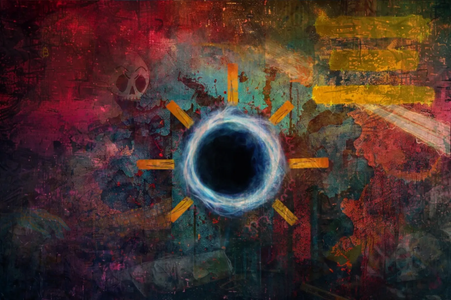 An abstract digital painting of a glowing blue ring like a wormhole or eclipse, radiating orange light rays against a textured red, teal, and gold background, with a small skull icon and Bitcoin symbol worked into the corner.