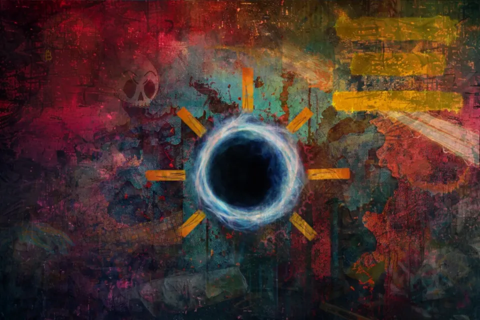 An abstract digital painting of a glowing blue ring like a wormhole or eclipse, radiating orange light rays against a textured red, teal, and gold background, with a small skull icon and Bitcoin symbol worked into the corner.
