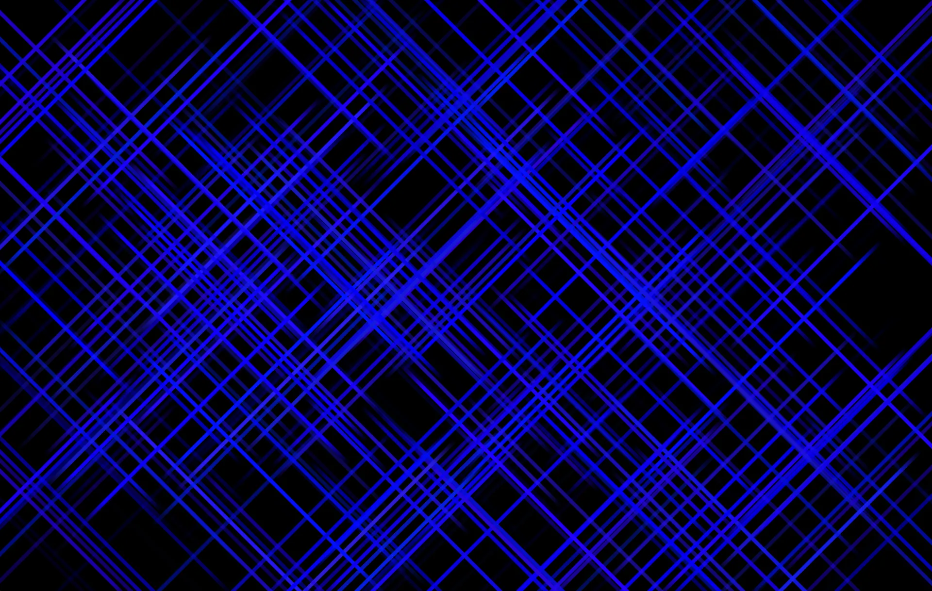 A generative pattern of thin diagonal glowing blue lines crisscrossing over black, forming an irregular lattice of overlapping diamonds.