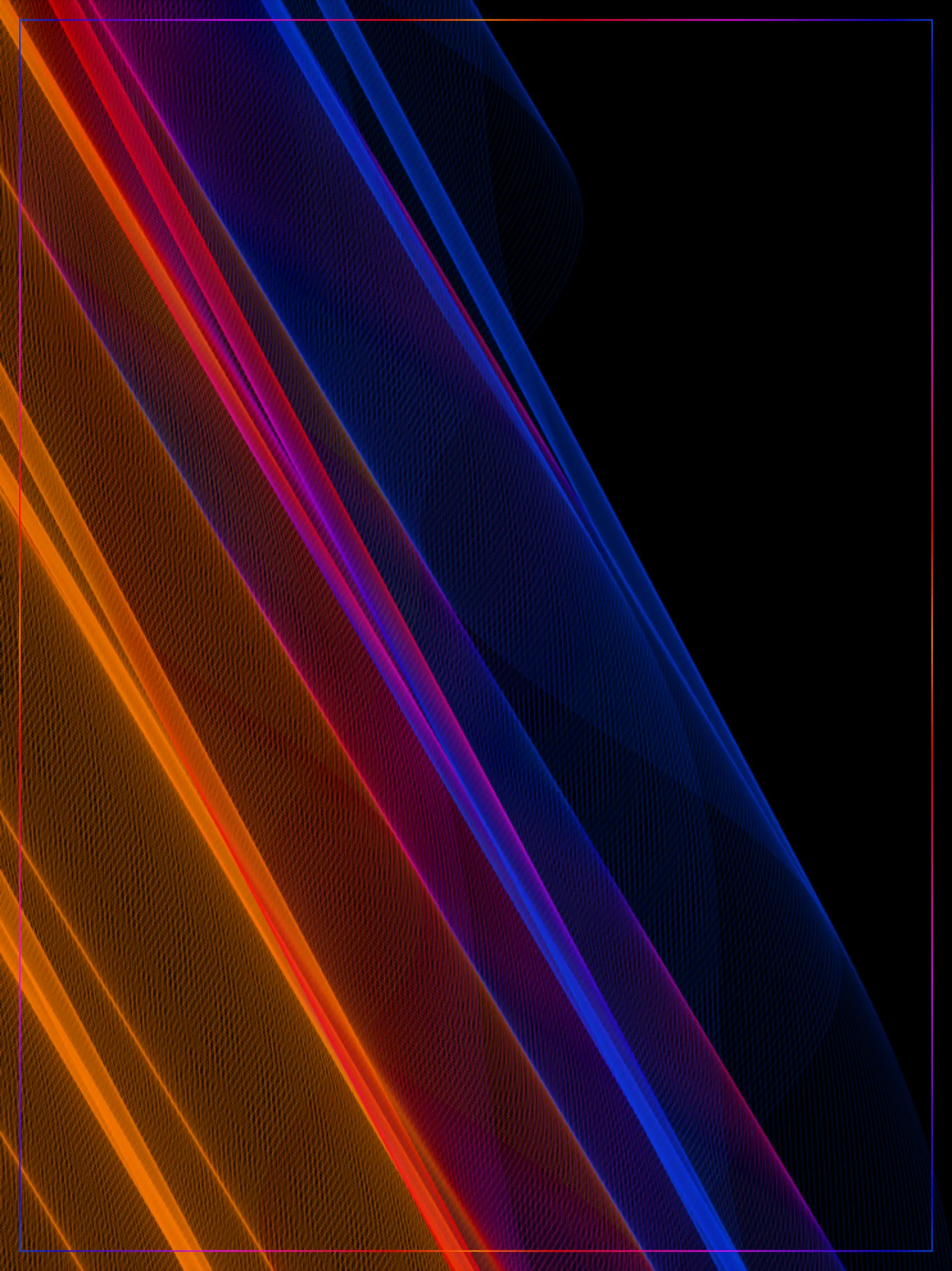 A Radio Wave rendered as diagonal woven sine-bands spanning red, orange, purple, blue, teal, and green over a background faintly patterned with alien script, framed in white.