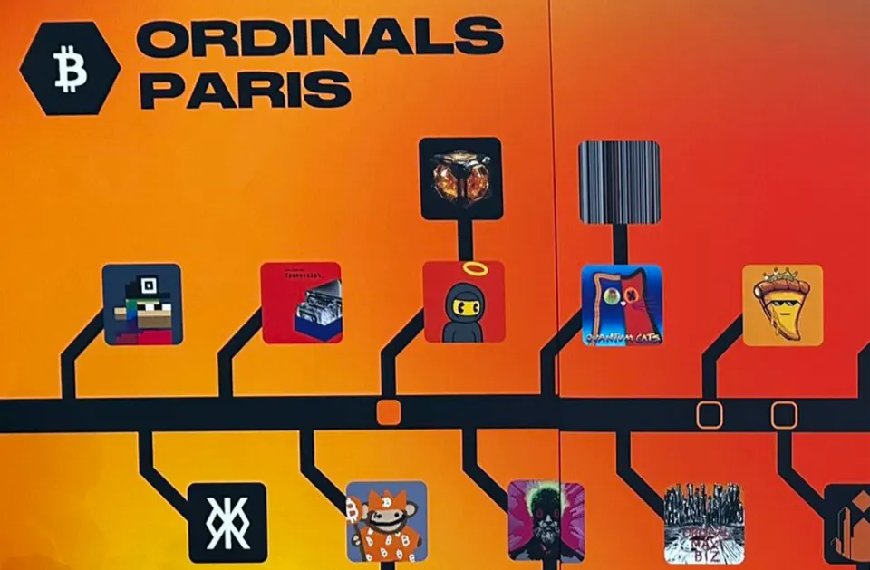 Event signage reading "Ordinals Paris" above a parent-child provenance tree diagram, with branching nodes connecting thumbnail icons for several Bitcoin Ordinals collections.