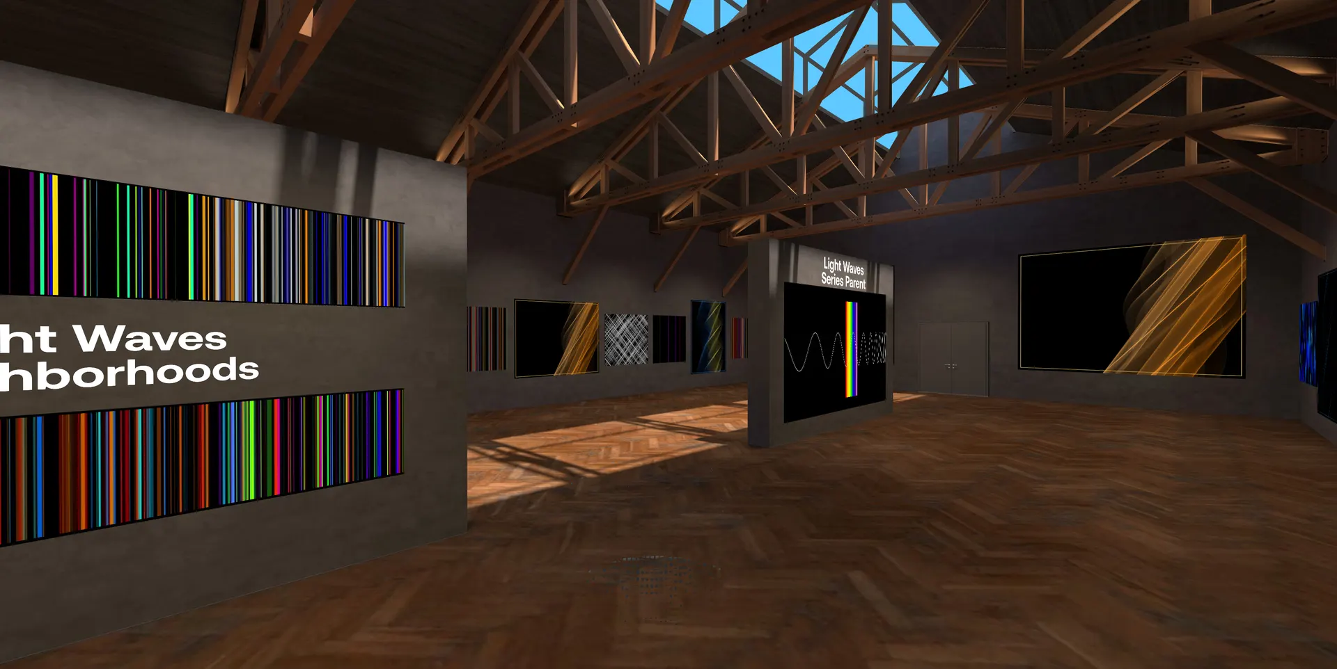 Interior view of the Oncyber virtual gallery: a wood-beamed hall with a herringbone floor and skylight, walls hung with Light Waves and Radio Waves artworks around a central pillar reading "Light Waves Series Parent."