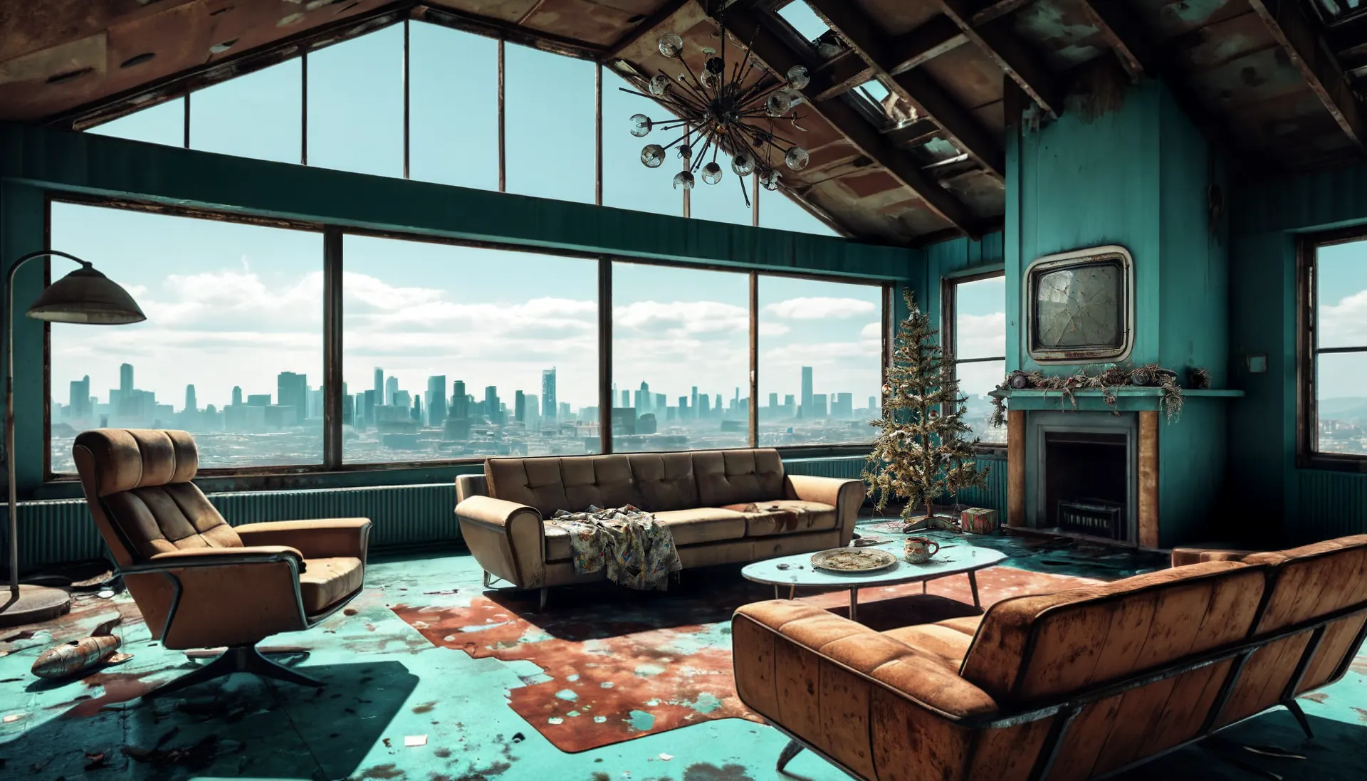 A weathered, teal-painted A-frame living room overlooking a hazy city skyline through floor-to-ceiling windows, with worn leather sofas, a rusted mid-century chandelier, and a small decorated Christmas tree beside a stone fireplace.