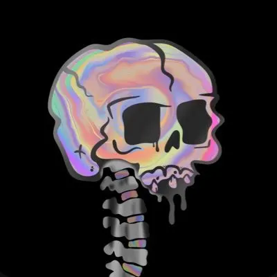An iridescent holographic skull with a segmented spine rendered in shifting rainbow tones against a black background, its eye sockets darkened and dripping.
