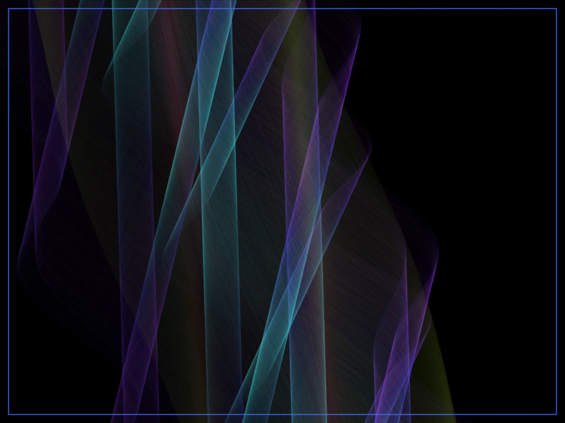 A Radio Wave rendered as crosshatched, woven sine-bands in purple, teal, and green with a tactile lattice-like texture, framed by a blue border.