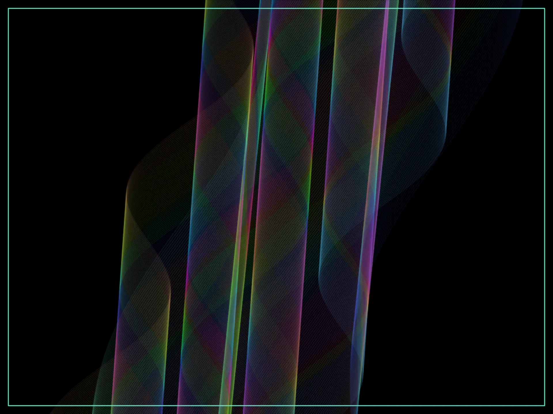 A Radio Wave breaking from the collection's usual diagonal bands into a dense woven lattice of rainbow-colored crossing strands over a background faintly patterned with alien script.