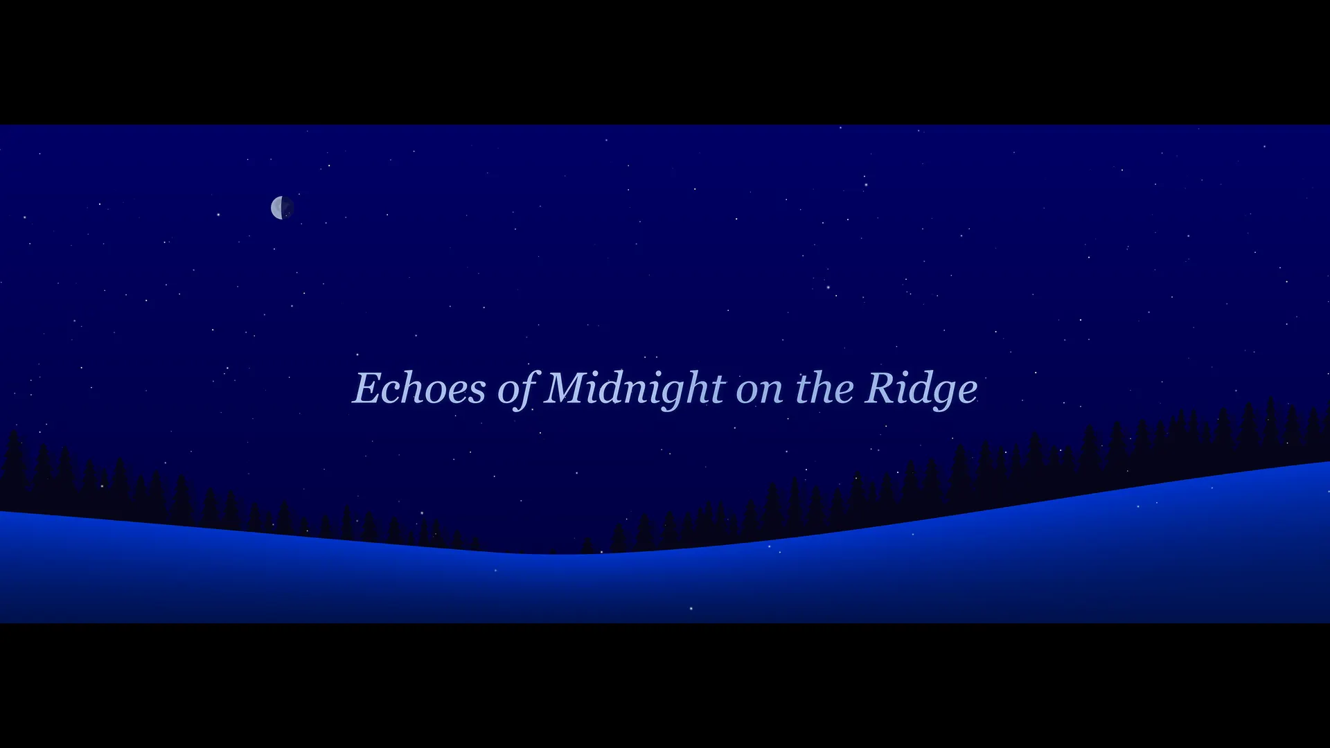 A deep blue night sky scattered with stars over a silhouetted pine-tree ridgeline beneath a crescent moon, with the title "Echoes of Midnight on the Ridge" in pale serif italic type.