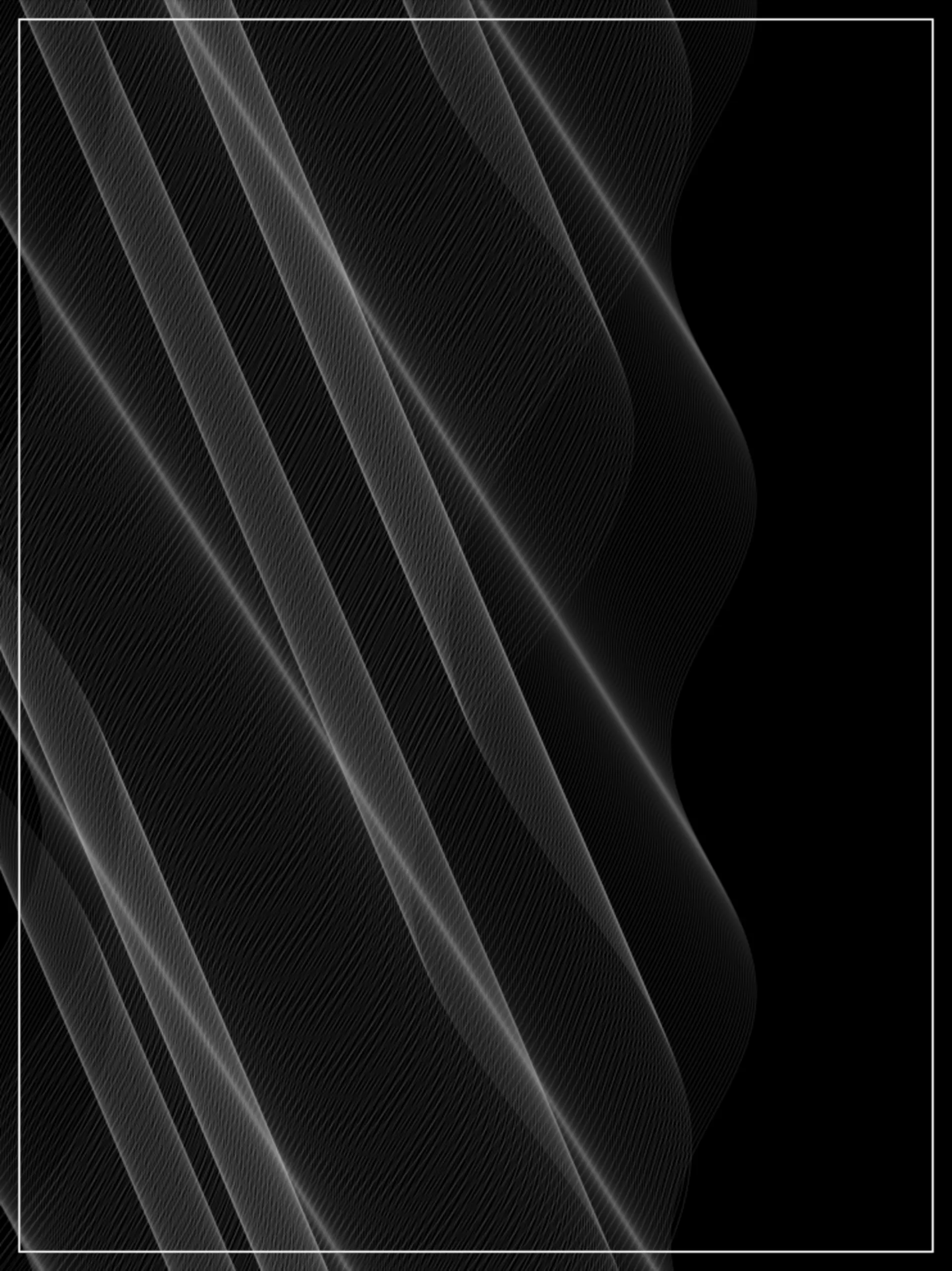 A Radio Wave rendered as diagonal woven sine-bands in white and gray lines on a black backdrop, a dense cluster of overlapping strands.