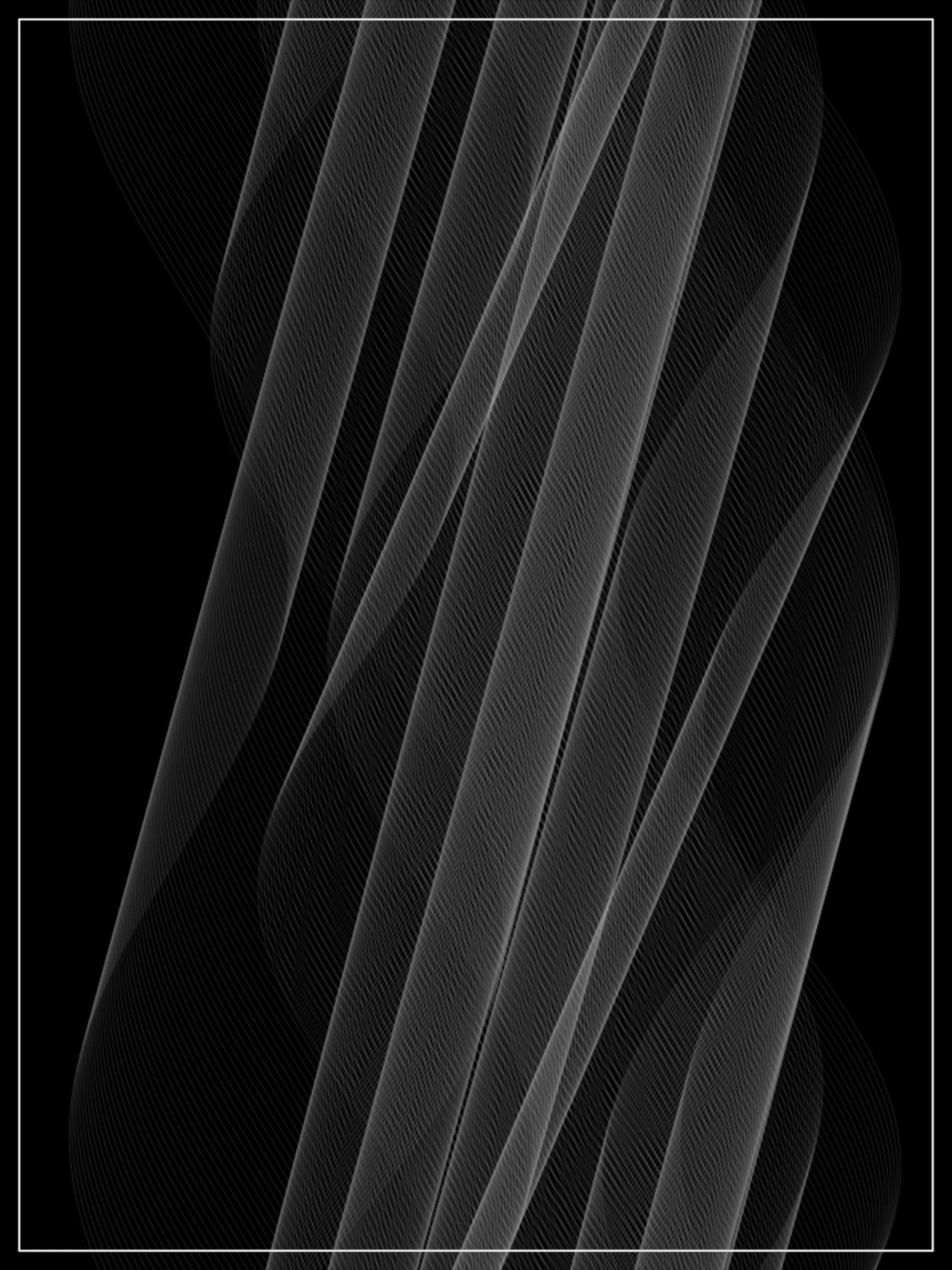 A Radio Wave rendered as diagonal woven sine-bands in white and gray lines on a black backdrop, tightly bundled near center.