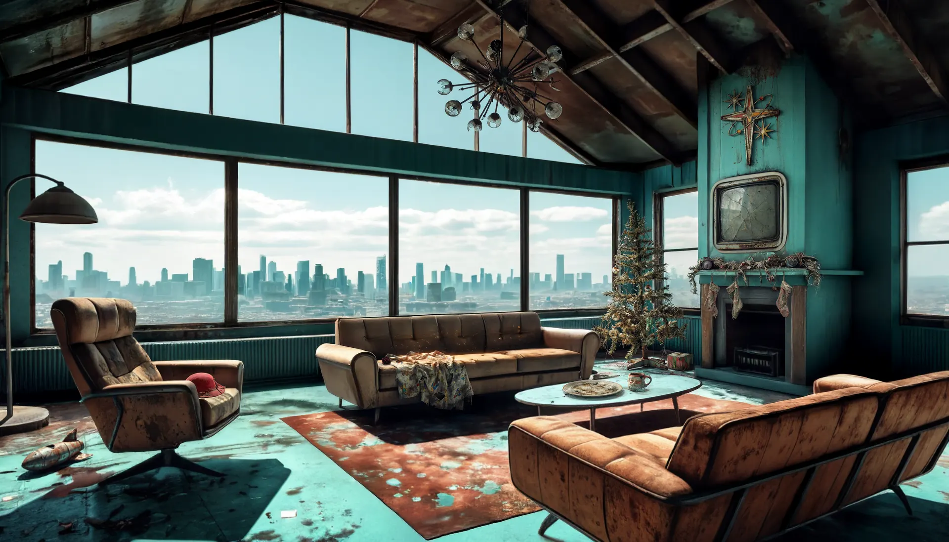 A weathered, teal-painted A-frame living room overlooking a hazy city skyline through floor-to-ceiling windows: cracked leather sofas, a rusted mid-century chandelier, a small decorated Christmas tree beside an old cathode-ray television on the mantel, and dark stains pooling across the floor.