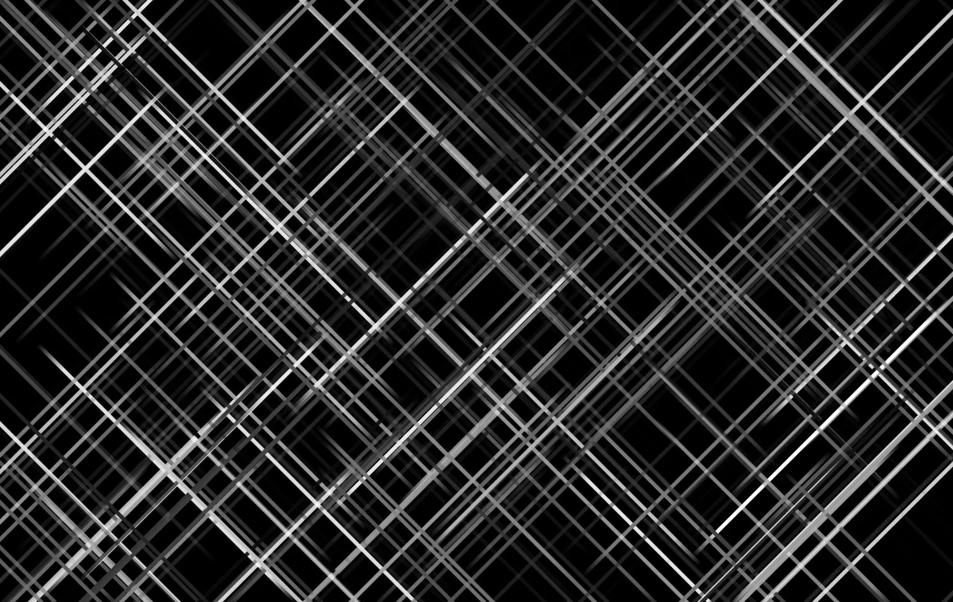 A generative pattern of dozens of thin diagonal white and gray lines crisscrossing over black, forming an irregular lattice of overlapping diamonds.