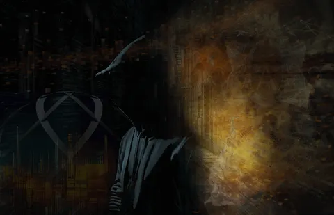 A hooded figure in silhouette standing at the boundary between a dark, glitchy digital cityscape on one side and a warm, glowing ember-lit texture on the other, with a faint X-marked shield emblem in the background.