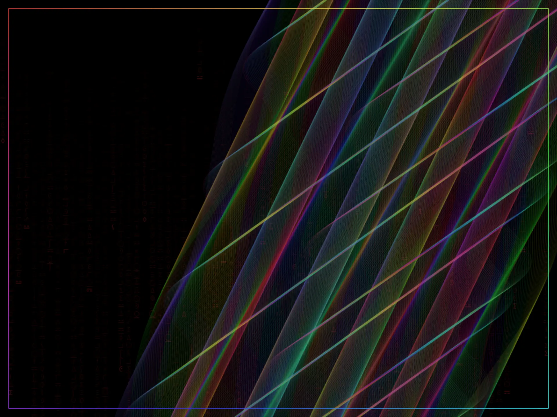 A Radio Wave breaking from the collection's usual diagonal bands into a dense woven lattice of rainbow-colored crossing strands over a background faintly patterned with alien script, denser than its companion piece.