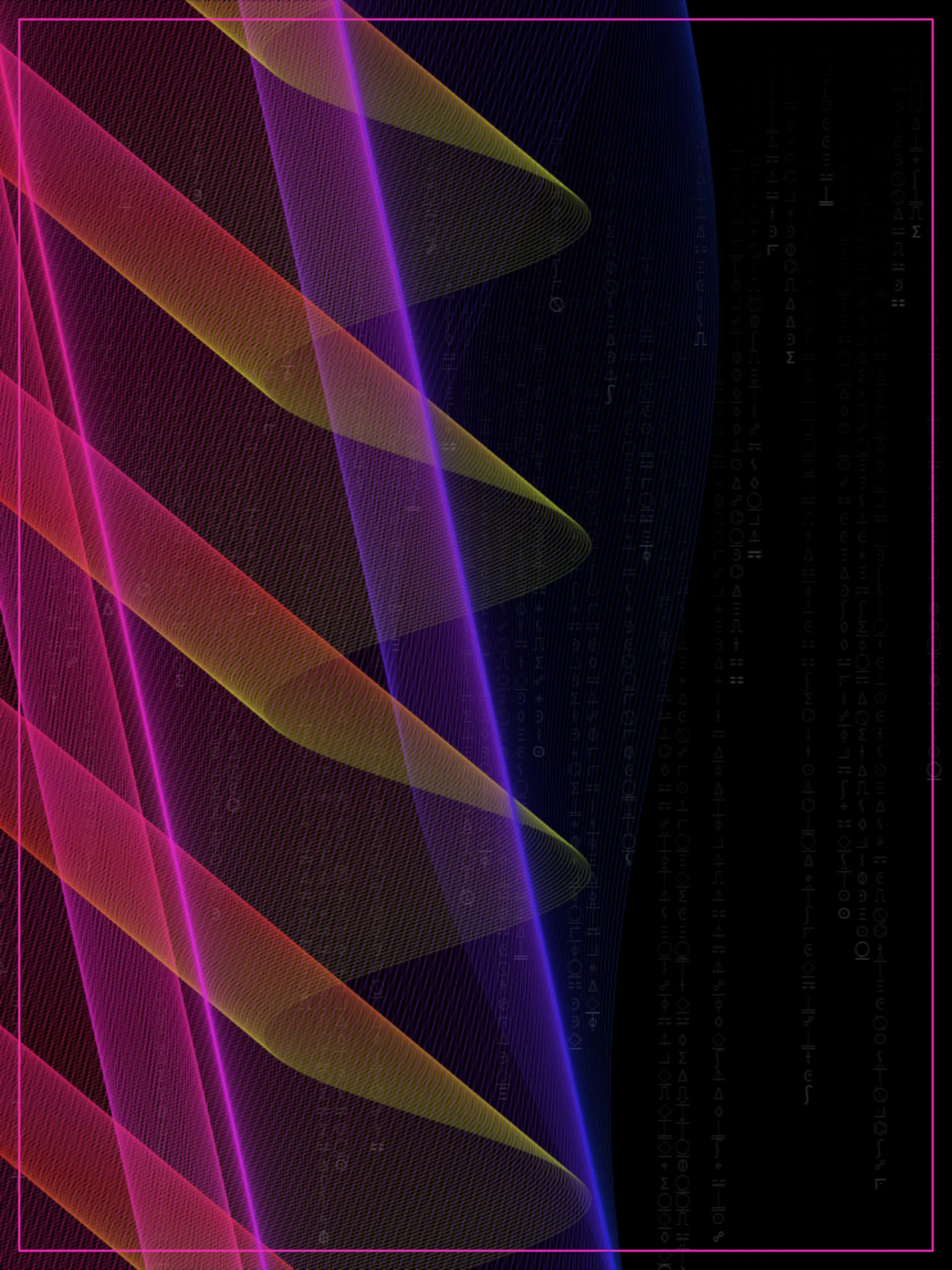A Radio Wave rendered as diagonal woven sine-bands in shifting pink, magenta, purple, gold, and blue, framed by a pink border.