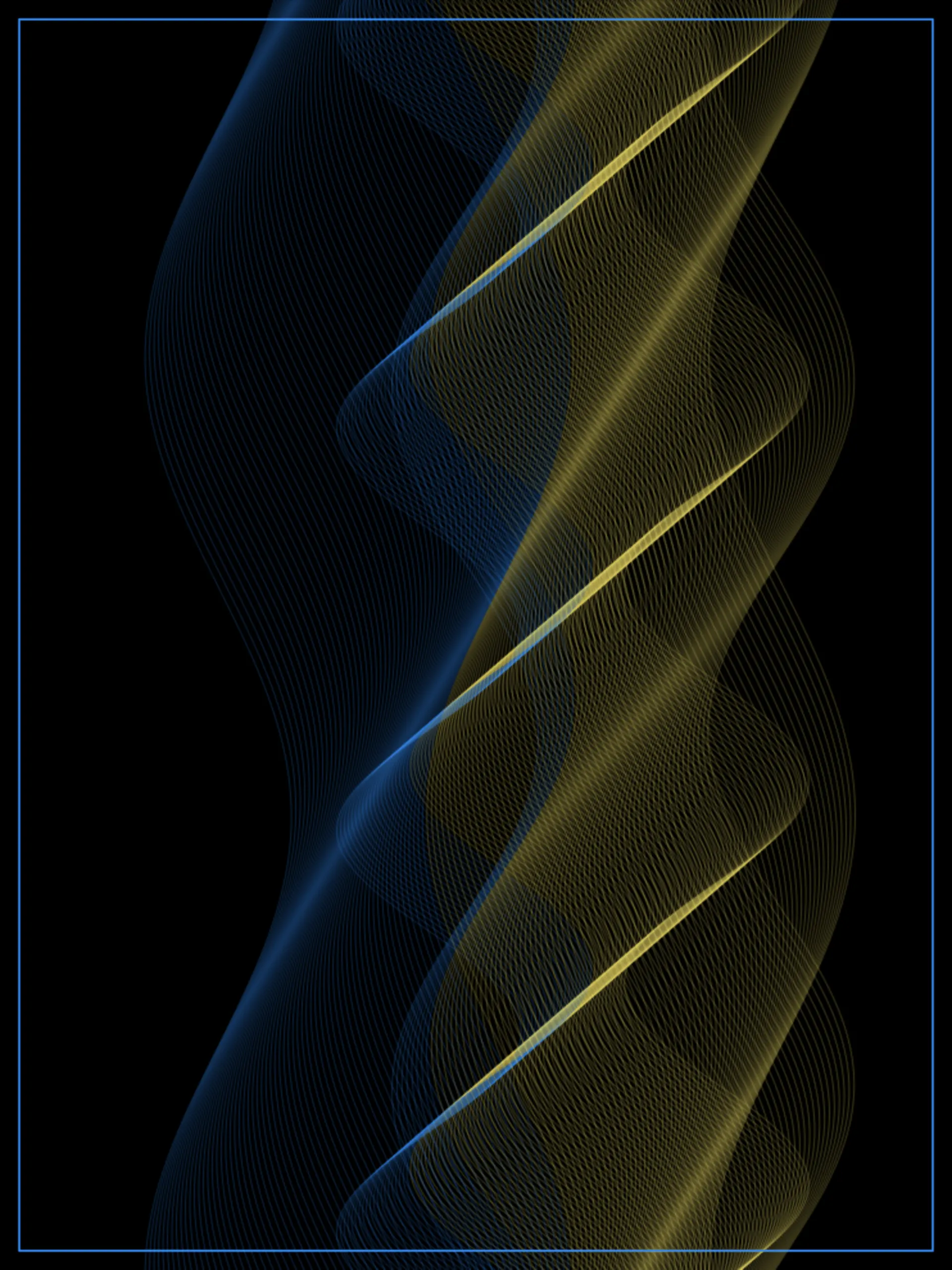 A Radio Wave split between deep blue sine-bands on one side and bright gold sine-bands on the other, both glowing vividly against black.