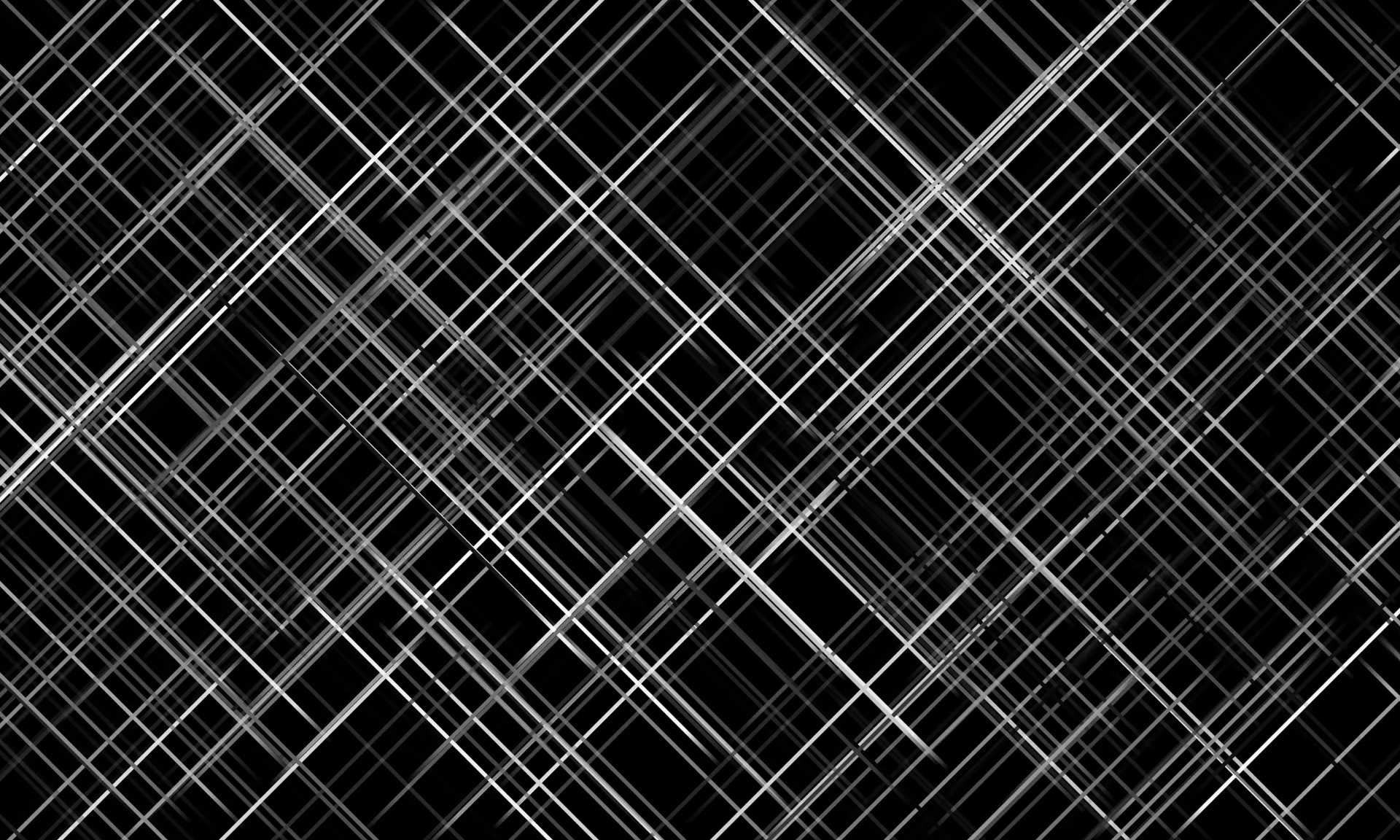 A generative pattern of dozens of thin diagonal white and gray lines crisscrossing over black, forming an irregular lattice of overlapping diamonds.