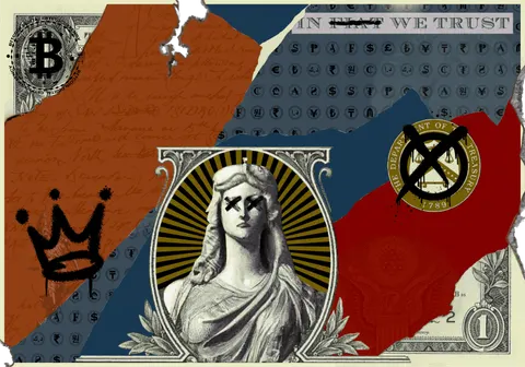 A torn-dollar-bill collage with graffiti text reading "IN [FIAT, crossed out] WE TRUST": a Bitcoin B coin in one corner, a crowned-skull tag, the dollar bill's engraved Liberty-like figure with her eyes marked out by a black X, and a Department of the Treasury seal also crossed out.