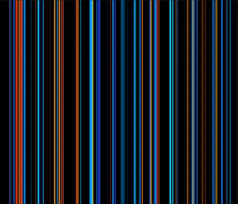 Dozens of thin vertical light bars in shifting orange, blue, and cyan hues evenly spaced against black, like a color-spectrum barcode — the thumbnail for the Visible Light Collection 3D gallery.