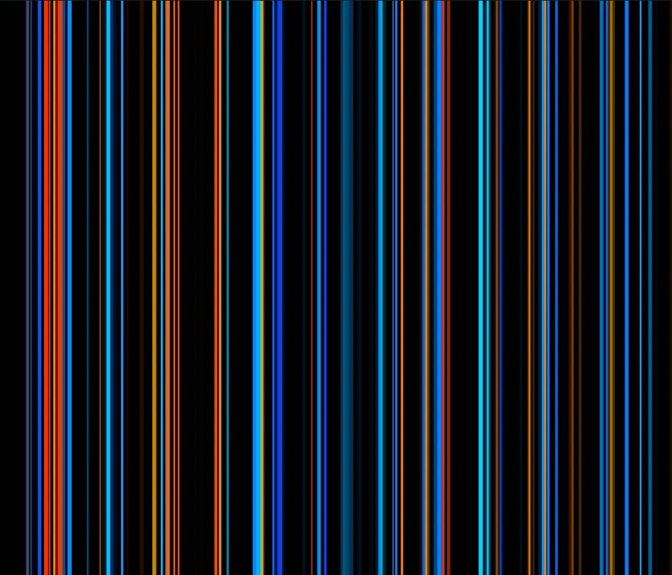 Dozens of thin vertical light bars in shifting orange, blue, and cyan hues evenly spaced against black, like a color-spectrum barcode — the thumbnail for the Visible Light Collection 3D gallery.