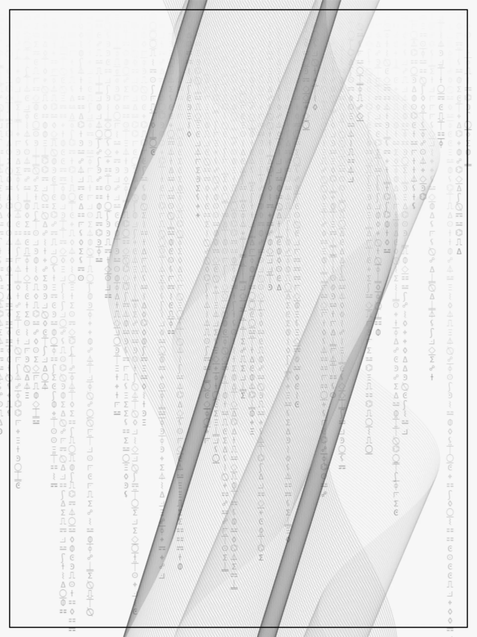 A Radio Wave rendered as diagonal woven sine-bands in dark gray on a light backdrop faintly patterned with alien script, the inverse of the collection's usual black field.
