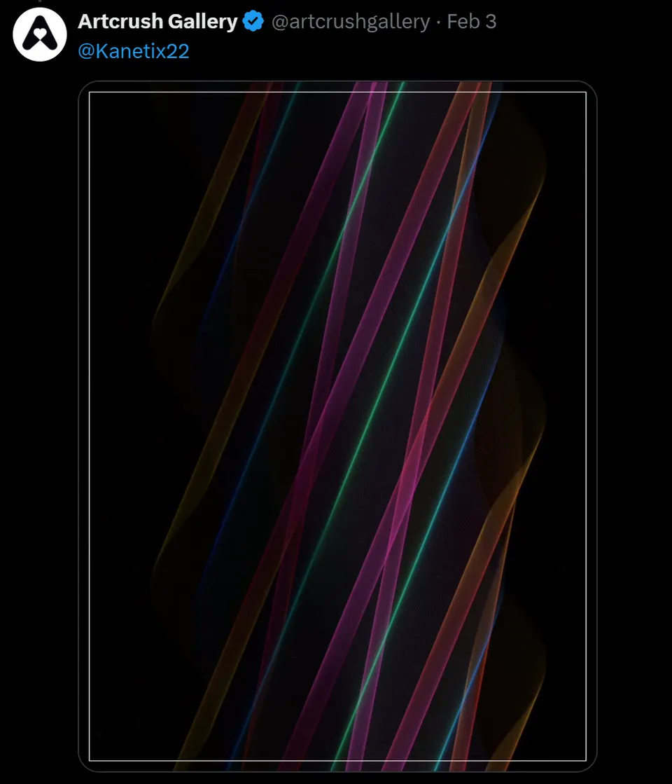 A screenshot of an Artcrush Gallery reply post tagging Kanetix, showing the artist's featured piece: a dark generative composition of diagonal rainbow-colored light streaks.