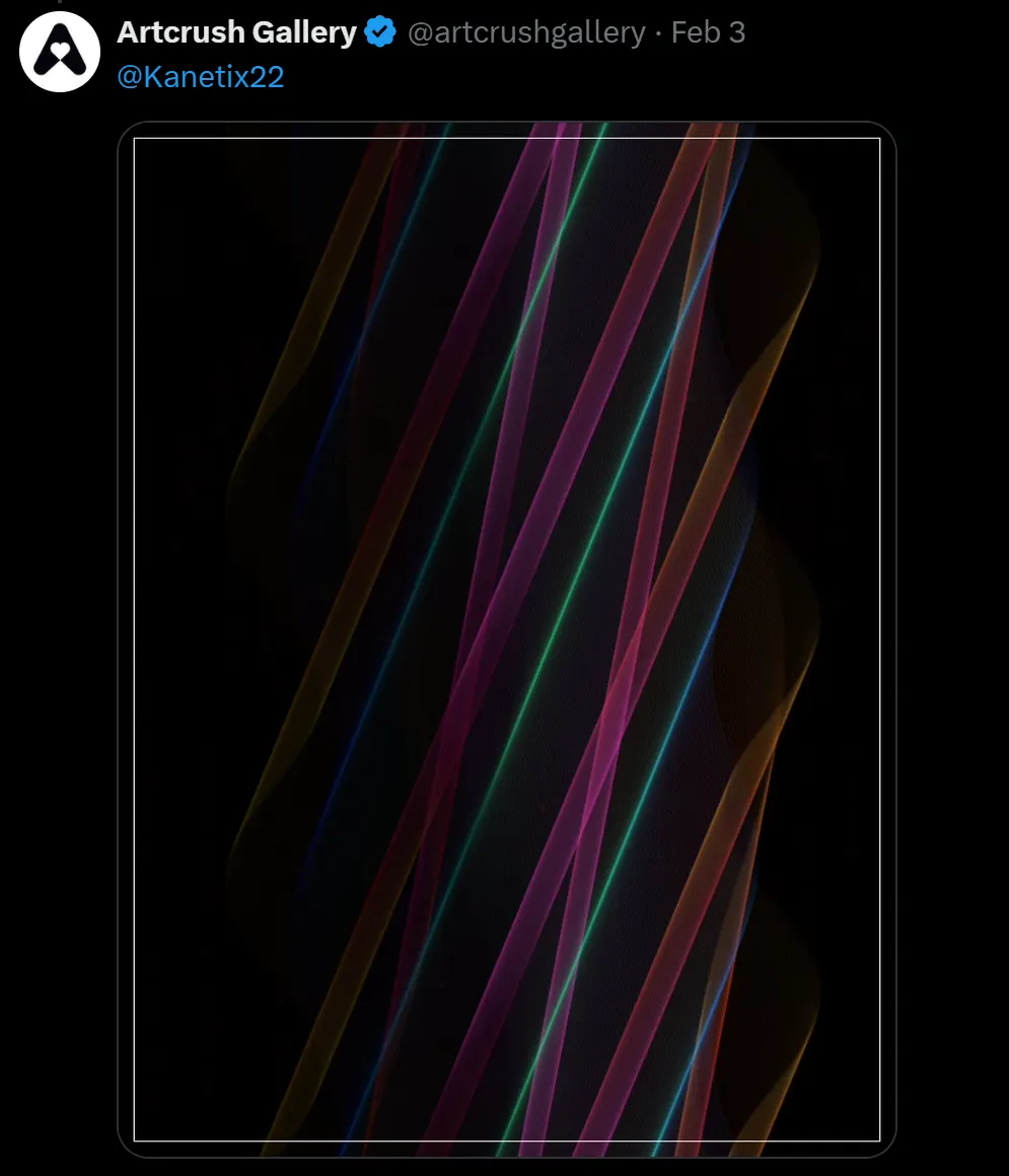 A screenshot of an Artcrush Gallery reply post tagging Kanetix, showing the artist's featured piece: a dark generative composition of diagonal rainbow-colored light streaks.