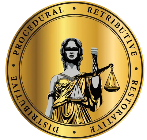 A gold circular medallion engraved with a blindfolded classical female figure holding a scale that balances "Government" against "The People," ringed by the words Procedural, Retributive, Restorative, and Distributive.