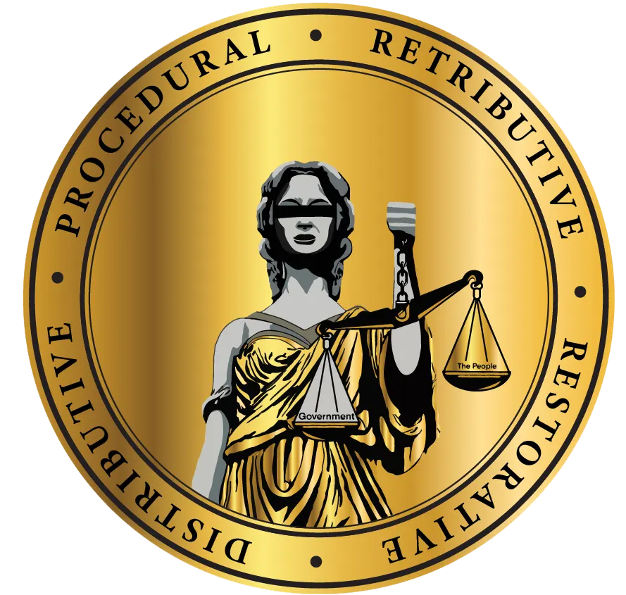 A gold circular medallion engraved with a blindfolded classical female figure holding a scale that balances "Government" against "The People," ringed by the words Procedural, Retributive, Restorative, and Distributive.