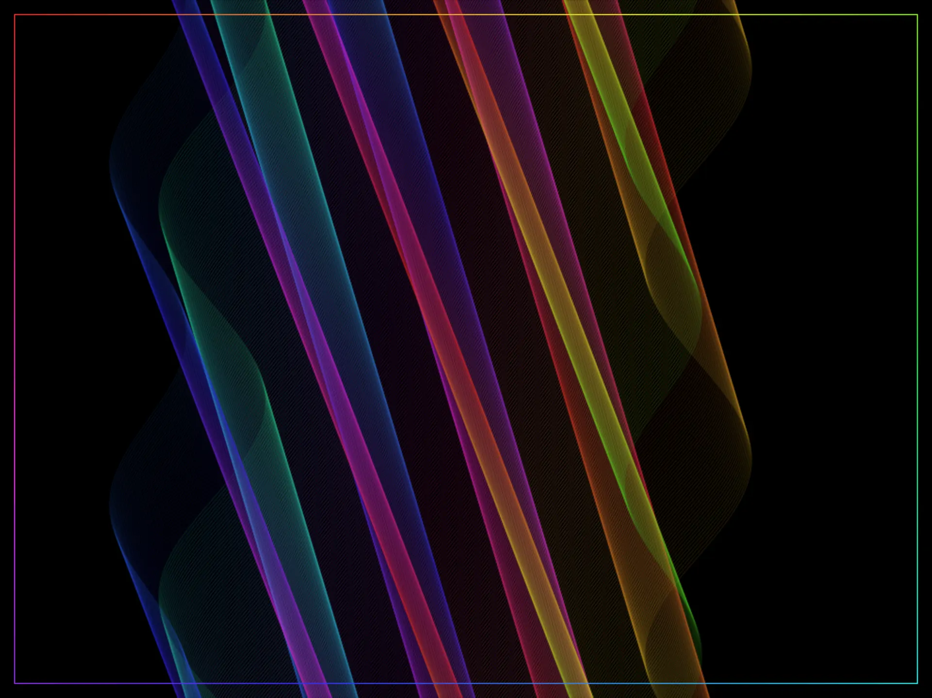 A Radio Wave rendered as diagonal woven sine-bands blending blue, teal, magenta, and gold in soft gradiated bands, an irregular mix against black.