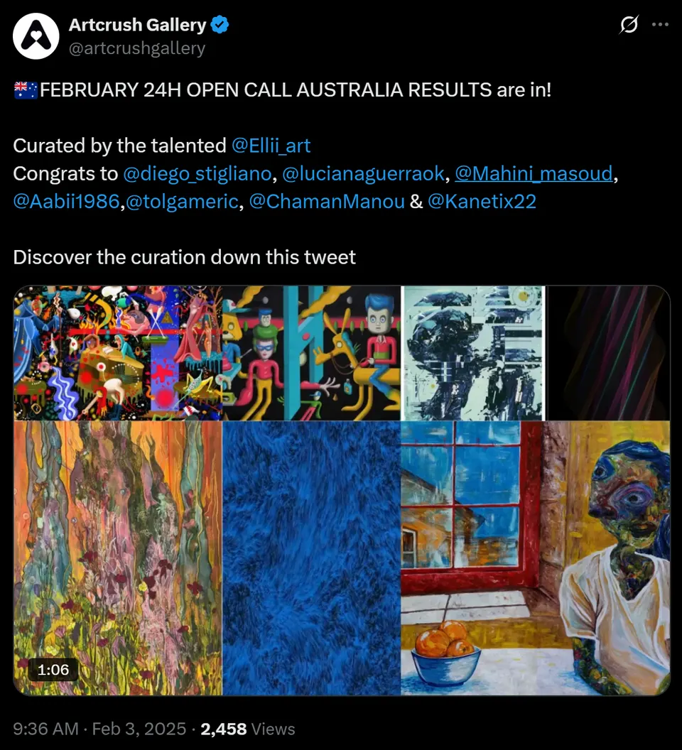A screenshot of an Artcrush Gallery social media post announcing the February Open Call Australia results, congratulating several curated artists including Kanetix, above a grid of the selected artworks.