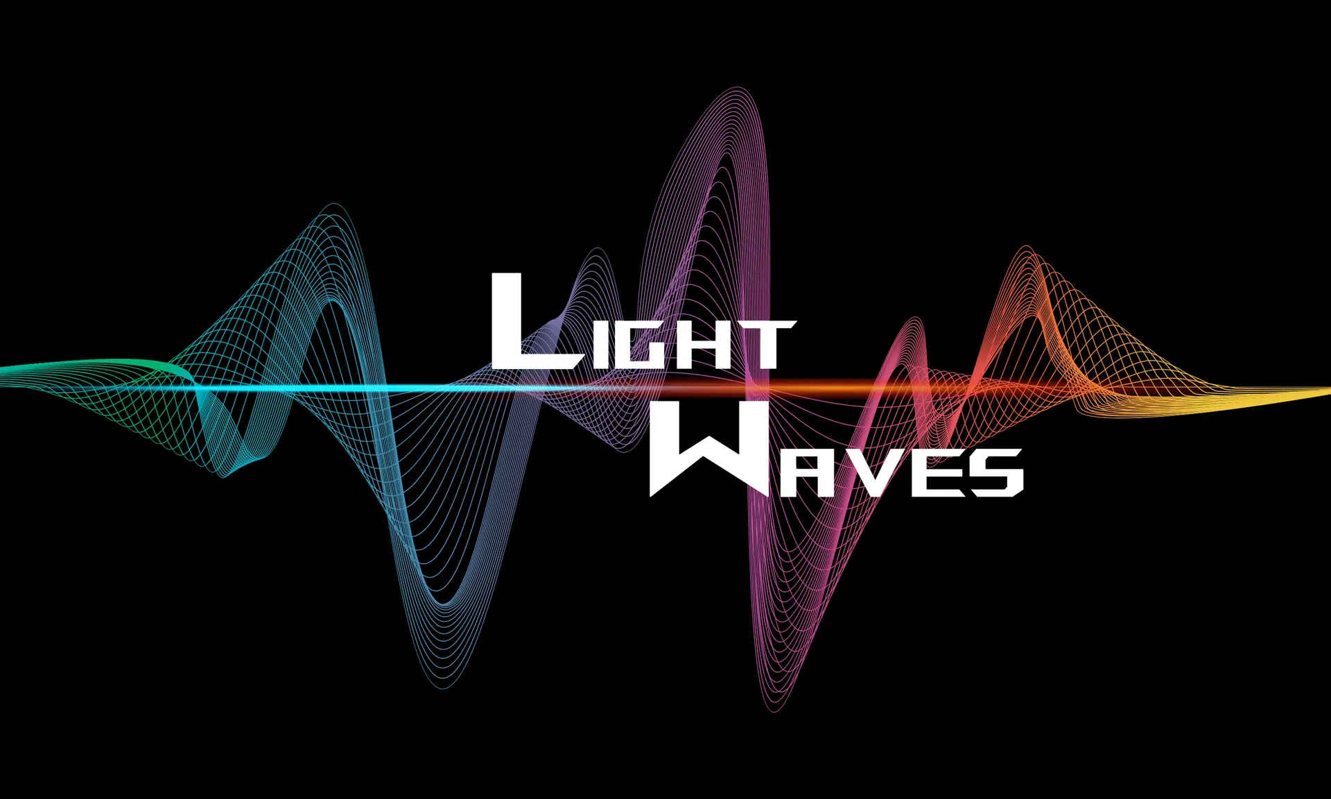 The words "LIGHT WAVES" in a bold white wordmark centered over a colorful oscilloscope-style waveform in teal, purple, magenta, and gold against a black background.