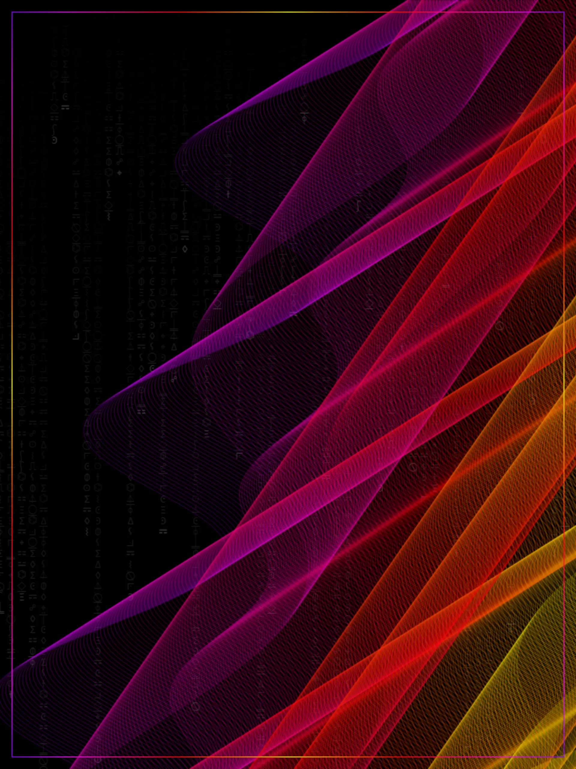 A Radio Wave rendered as diagonal woven sine-bands in purple, magenta, red, and orange on a black field.