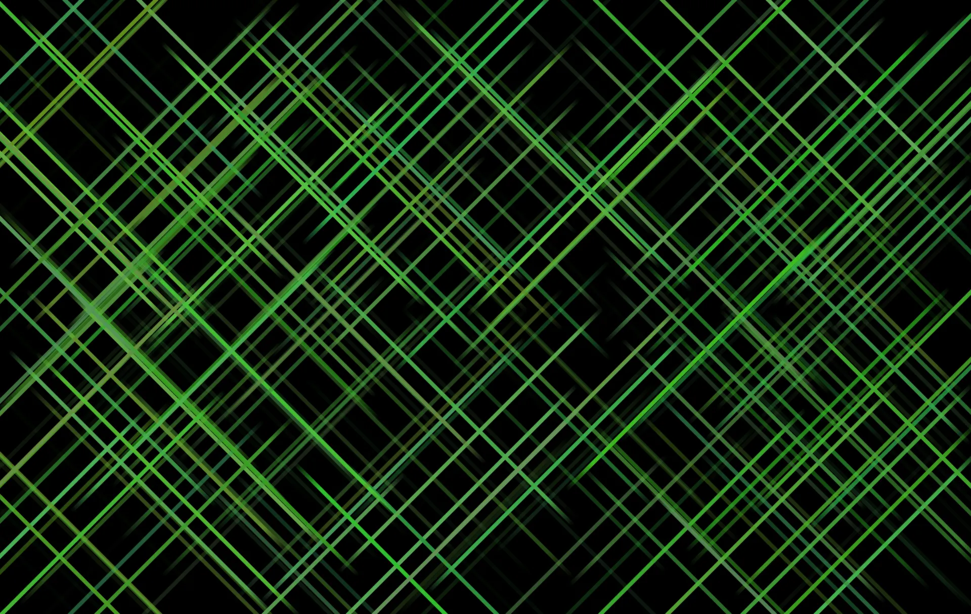 A generative pattern of thin diagonal glowing green lines crisscrossing over black, forming an irregular lattice of overlapping diamonds.