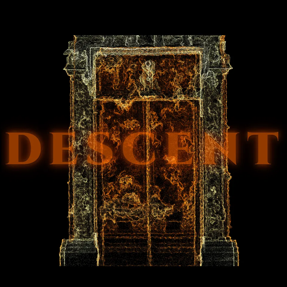 A glowing orange and gold stone archway resembling ornate flaming gates, engraved with fiery textures, with the word "DESCENT" in blazing orange lettering across the doors.