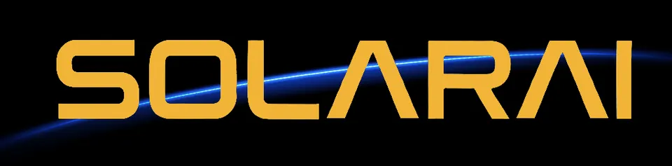 The word "SOLARAI" in gold block lettering on a black background, arced over by a thin glowing blue horizon line.