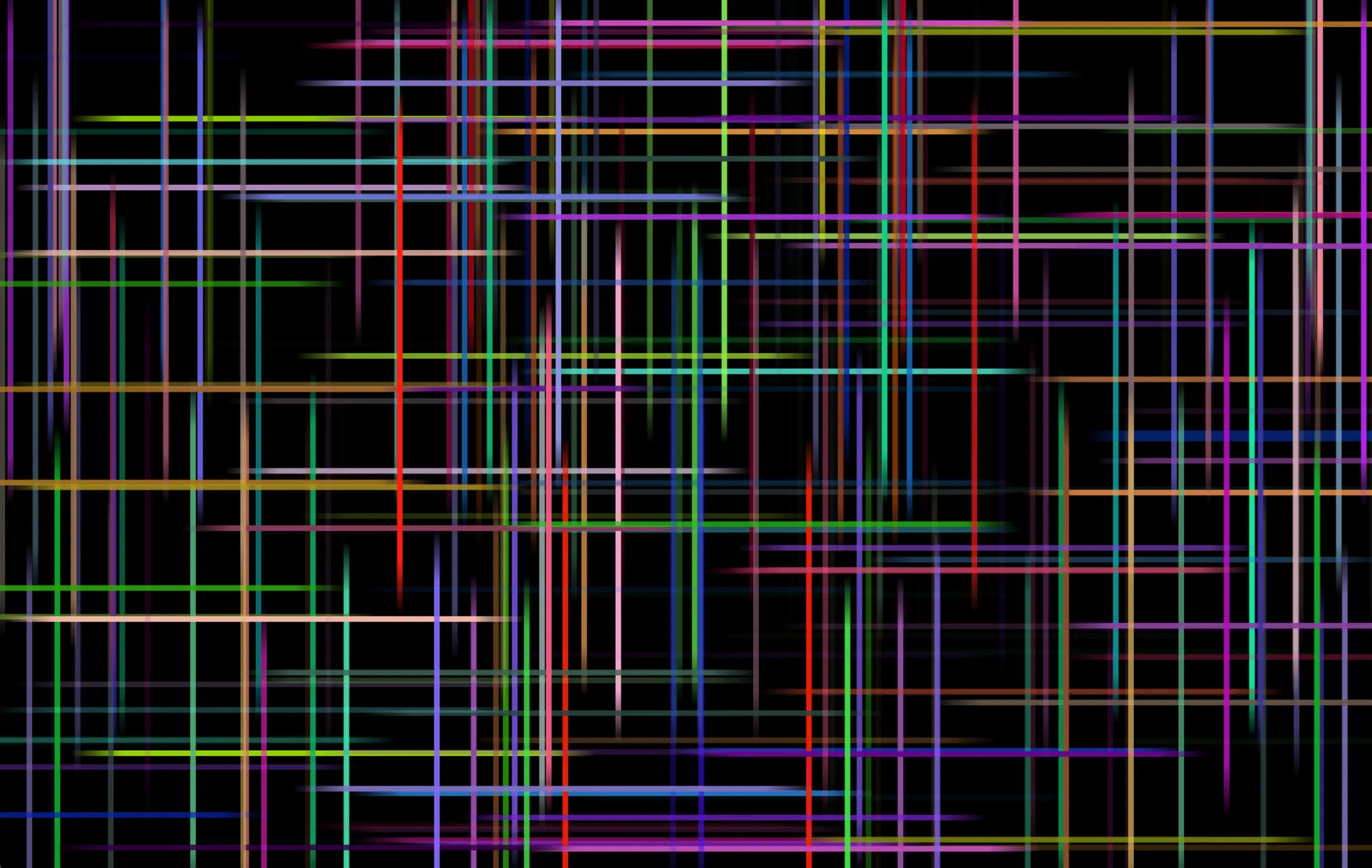 A generative pattern of crisscrossing horizontal and vertical lines in vivid red, pink, green, gold, and purple over black, forming a dense woven grid.