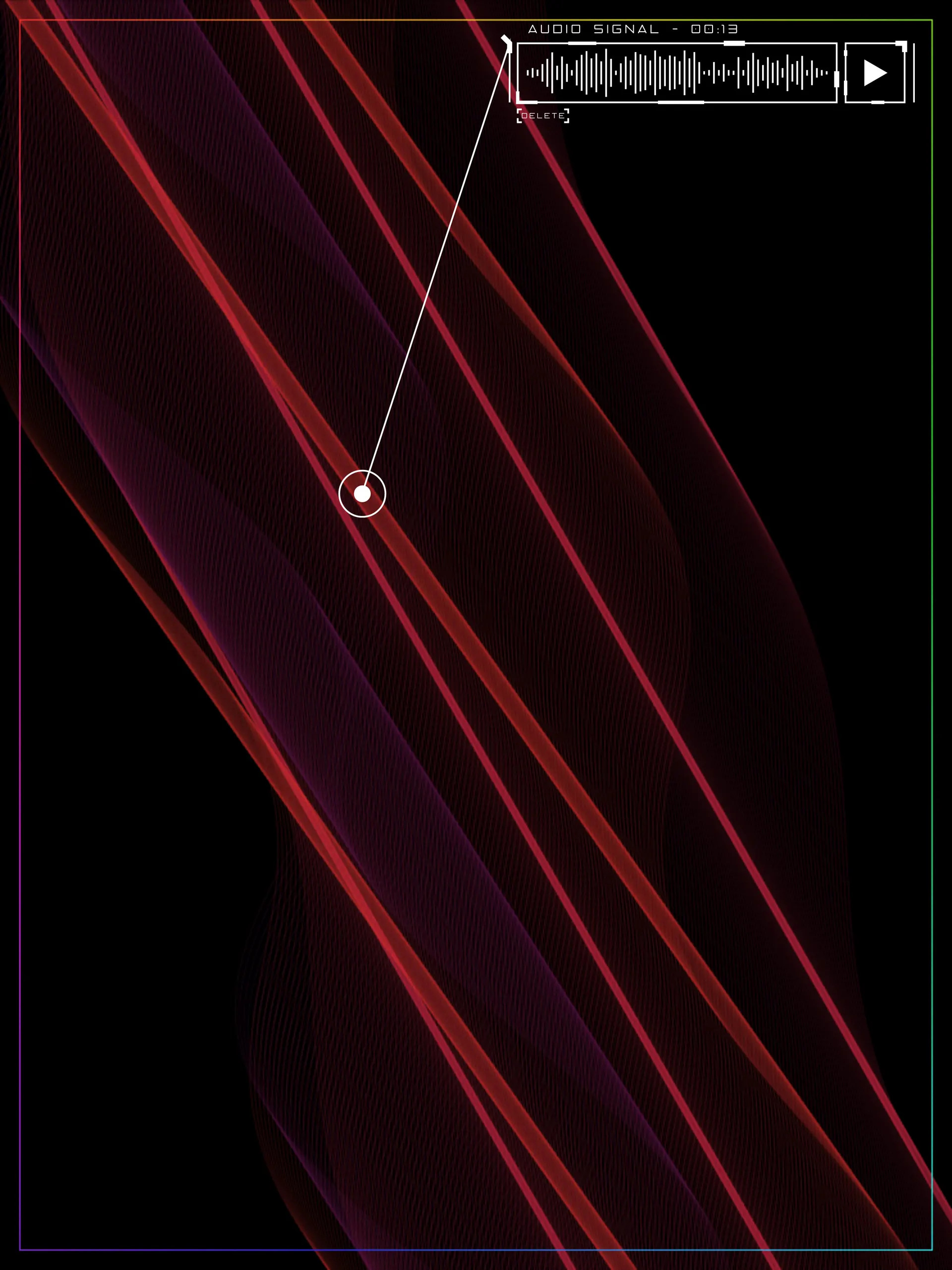 A signal-analysis interface overlaid on rippling diagonal red light waves: a circular target marker locks onto one strand of light, connected by a line to an "Audio Signal - 00:13" waveform readout with play and delete controls.