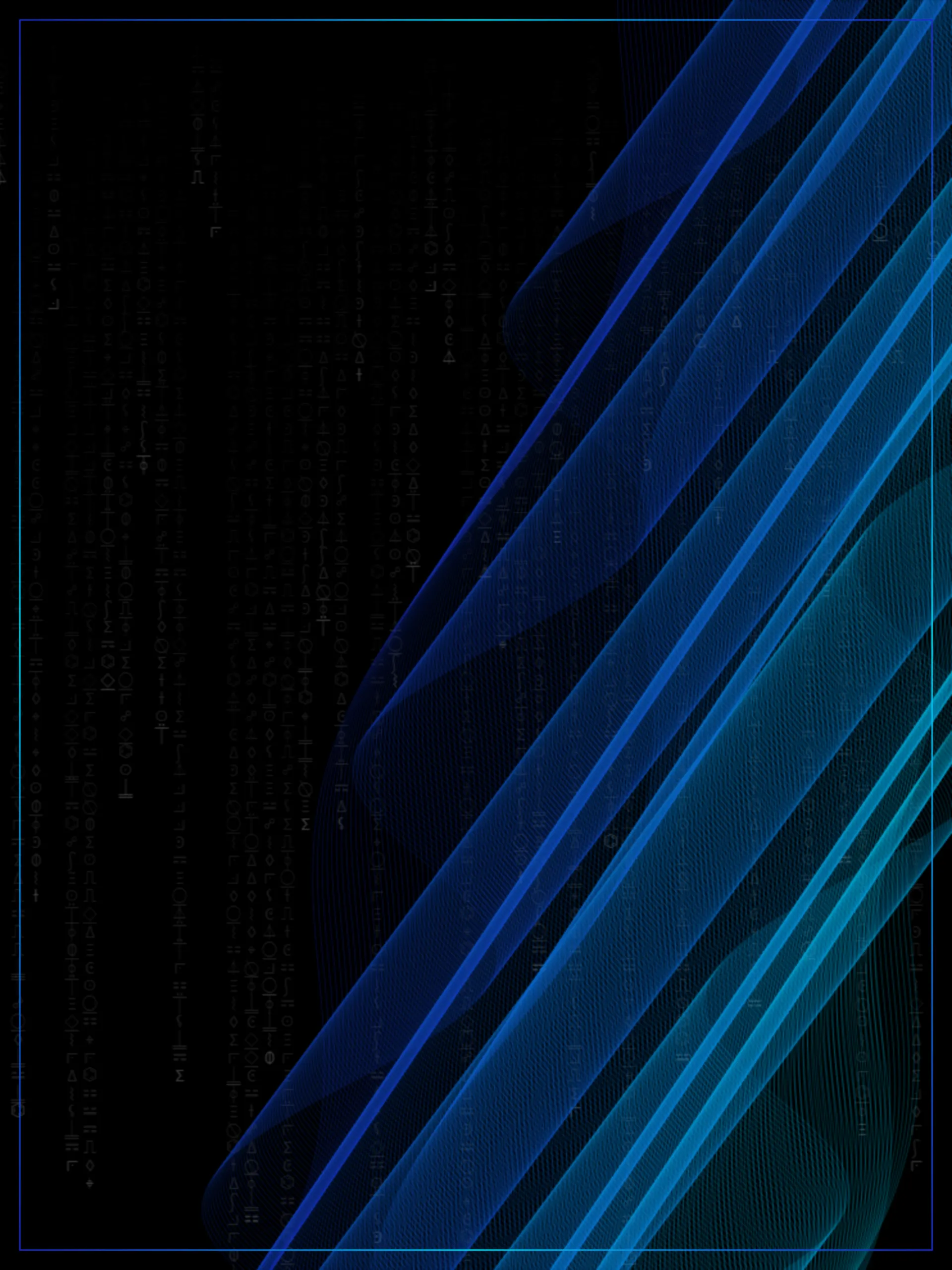A Radio Wave rendered as diagonal woven sine-bands in luminous blue and teal over a background faintly patterned with alien script, framed by a blue border.