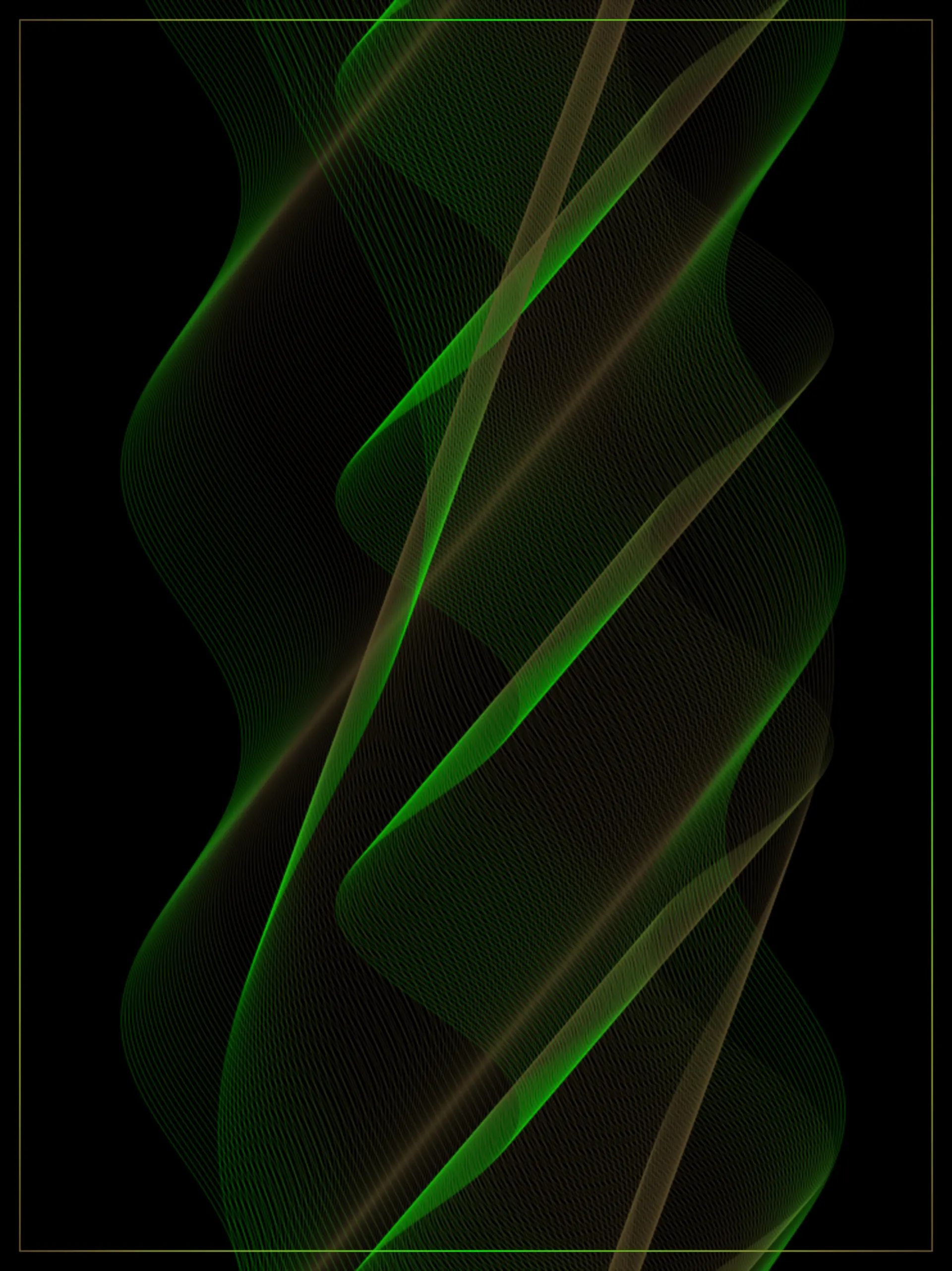 A Radio Wave rendered as diagonal woven sine-bands in bright green and gold, glowing vividly against black, framed by a gold border.