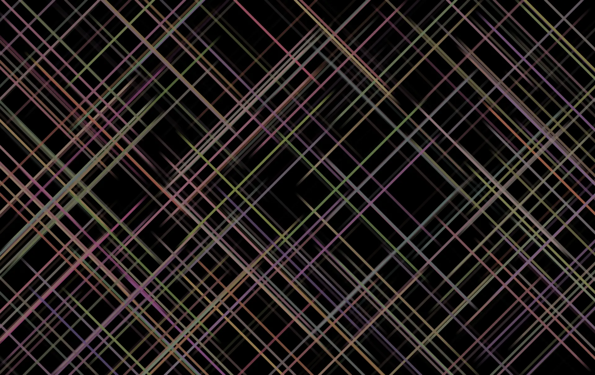 A generative pattern of thin diagonal crisscrossing lines in muted dusty pink, sage green, and tan over black, forming an irregular lattice of overlapping diamonds.