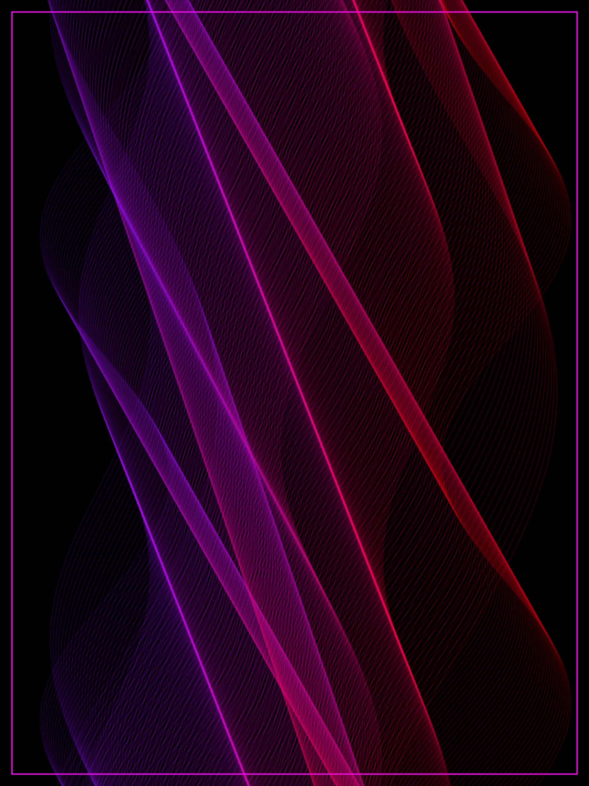 A Radio Wave rendered as diagonal woven sine-bands in purple, magenta, red, and orange, framed by a magenta border.