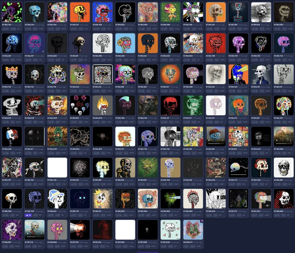 A grid of dozens of small thumbnail artworks, each a different artist's reinterpretation of the flashing skull-and-spine Ordinal, spanning wildly different styles from pixel art and photorealism to neon glitch and hand-drawn illustration.
