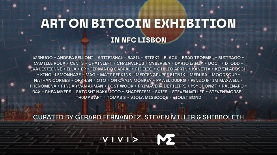 Poster for the "Art on Bitcoin Exhibition" at NFC Lisbon, listing dozens of participating artists including Kanetix over a stylized night skyline, curated by Gerard Fernandez, Steven Miller, and Shibboleth.