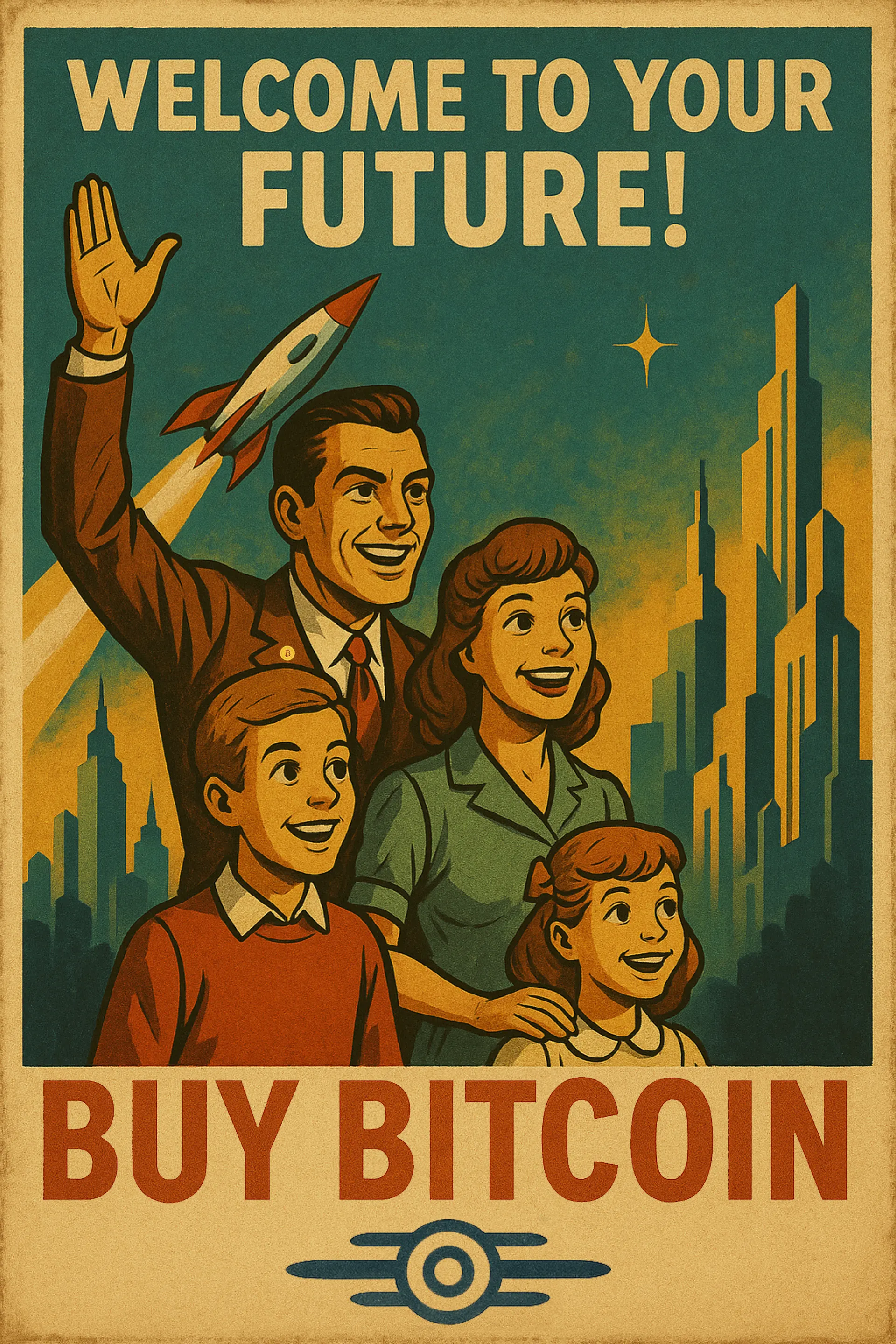 A retro atomic-age propaganda poster in teal and gold reading "WELCOME TO YOUR FUTURE! BUY BITCOIN": a smiling 1950s nuclear family waves before a launching rocket and a glowing futuristic city skyline, with a stylized atomic emblem at the bottom.