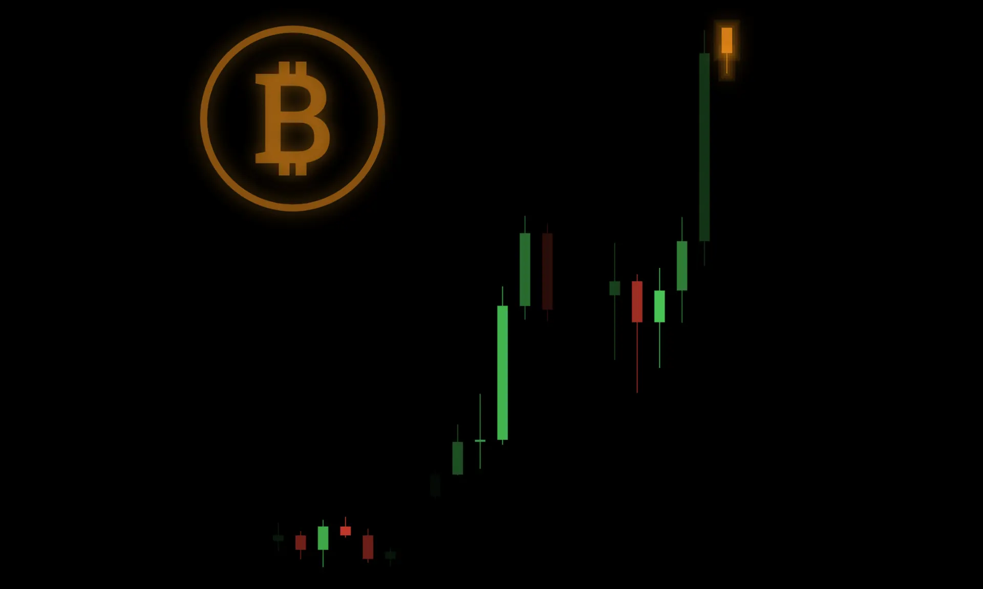 A glowing orange Bitcoin B symbol above a green and red candlestick price chart climbing upward to a single bright orange candle at the top right, set against a black background.