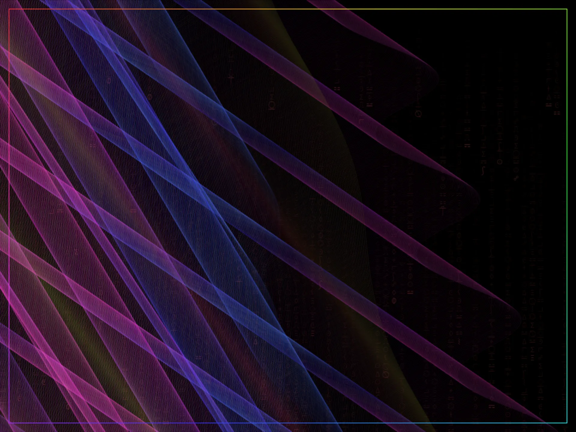 A Radio Wave rendered as crosshatched, woven sine-bands in deep purple and blue over a background faintly patterned with alien script, framed by a blue border.