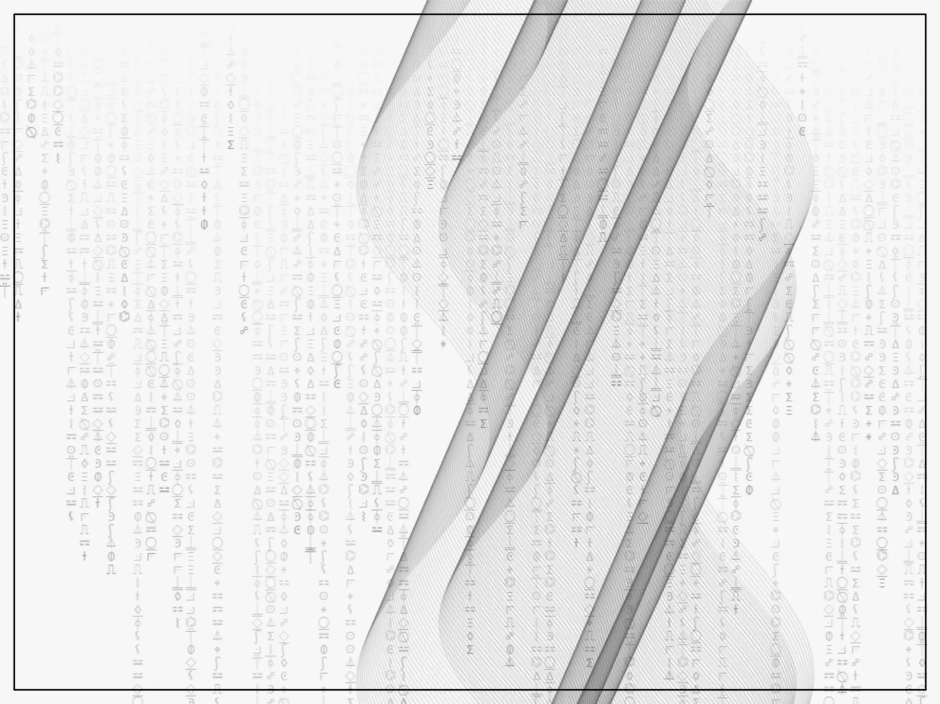 A Radio Wave rendered as diagonal woven sine-bands in dark gray on a light backdrop faintly patterned with alien script, a denser cluster of strands.