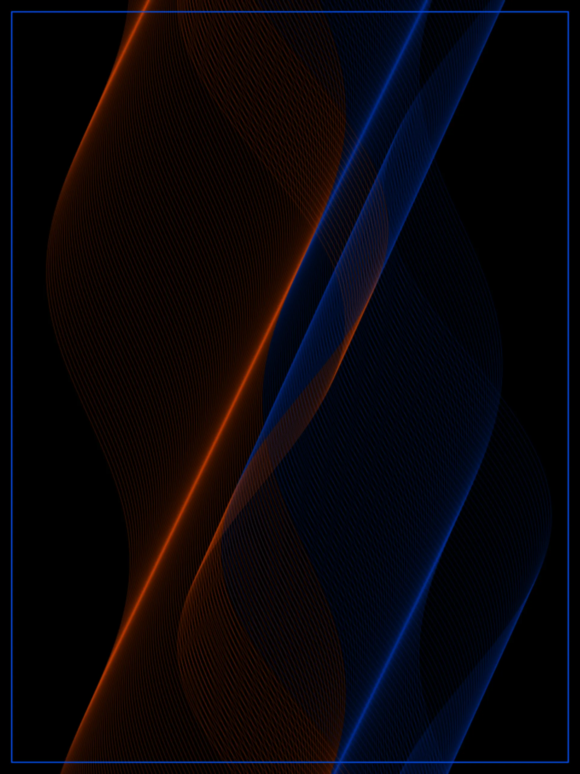 A Radio Wave split between bright burnt-orange sine-bands on one side and vivid blue sine-bands on the other, glowing against black.