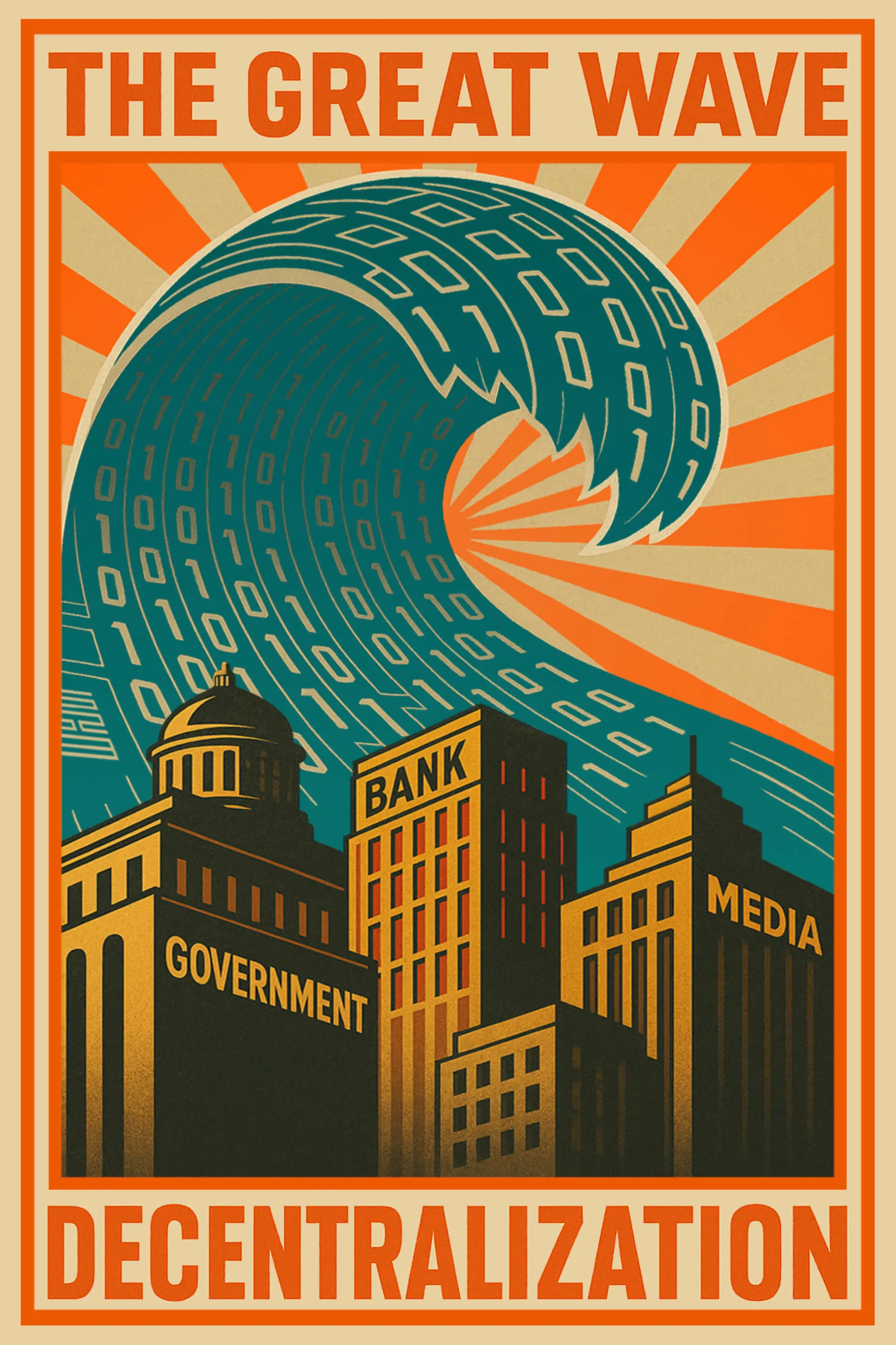 A propaganda-style screenprint poster. A huge teal wave made of ones and zeros curls over a city skyline of dark buildings labelled GOVERNMENT, BANK and MEDIA, against orange sunburst rays. Heavy block lettering reads THE GREAT WAVE above and DECENTRALIZATION below.